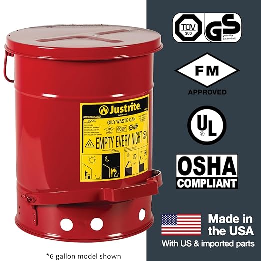 Justrite 10 Gallon Galvanized Steel Oily Waste Can, 18" x 14" Metal Oil Rag Safety Can With Foot Operated Self-Closing Lid for Oil Rag Disposal, Made in the USA, Red, 09300