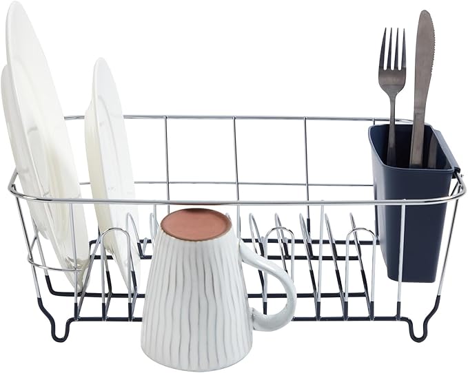 Dish Drying Rack & Cutlery Holder 2 Piece Set ✅ Compact Sink-Fitting Dish Drainer with Rubberized Undercoating ✅ Space-Saving Kitchen Organizer for Plates, Cups, Bowls & Utensils In Sink, Navy
