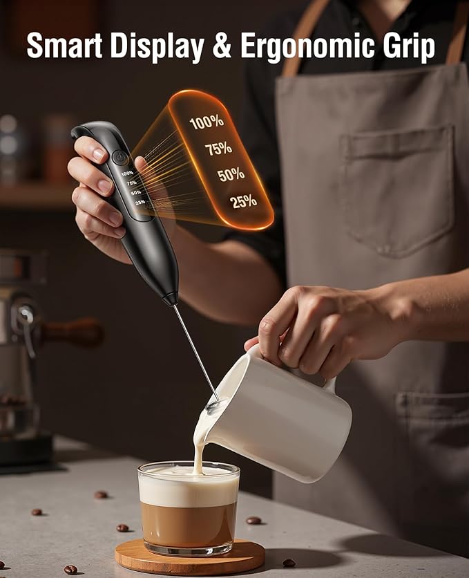 Dynooper Electric Milk Frother Handheld: coffee frother rechargeable 3 in 1 - LED Display, Wireless Charging - 3 Speeds, Stainless Steel Whisk for Latte, Cappuccino - Bright Grey