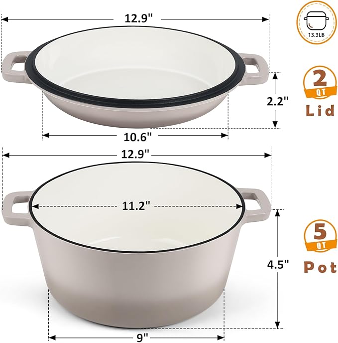 TeamFar 5 Quart Dutch Oven, 2 In 1 Enameled Cast Iron Dutch Oven Pot Cookware with Skillet Lid, for Bread Baking Braising Stewing Roasting, Sturdy & Nonstick, Oven Safe & Fit for Induction (Khaki)