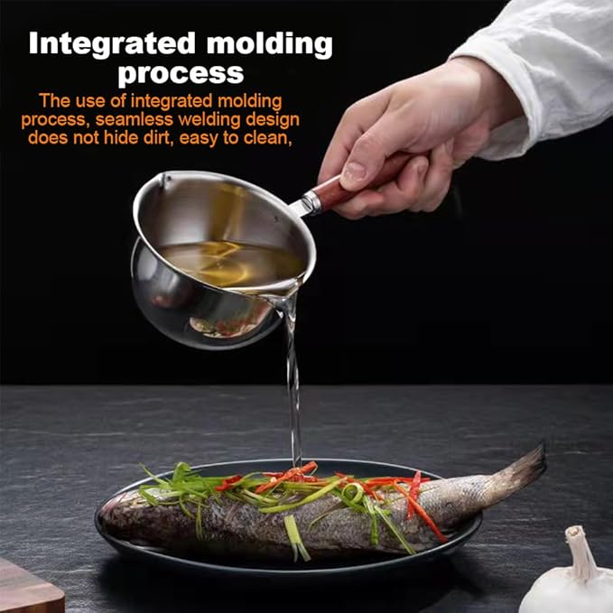 Butter Warmer Pot, Small Cast Iron Basting Pot With Wooden Handle Stainless Steel Multi Purpose Cooking Pot for Milk, Coffee(300mL)