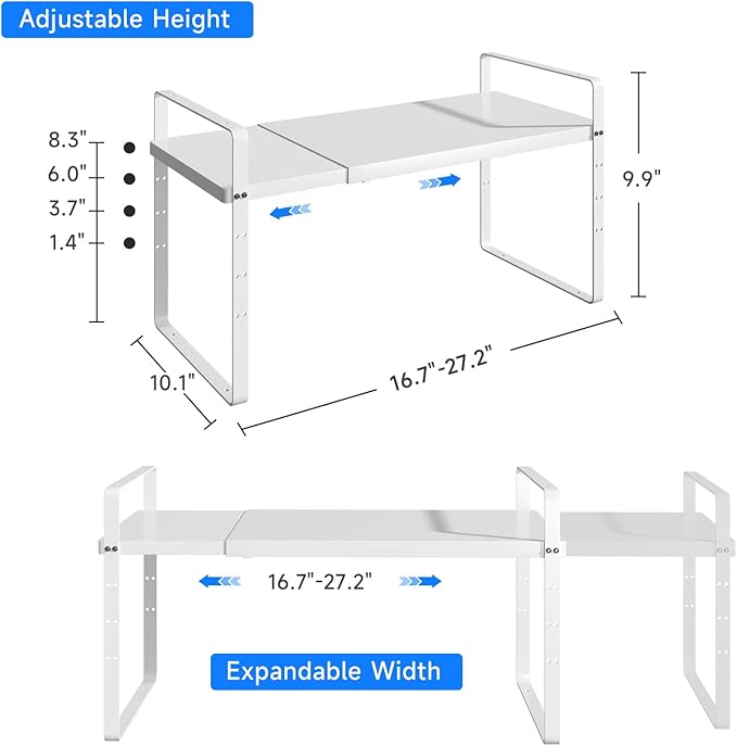 Expandable Cabinet Shelf Organizer, Stackable Kitchen Pantry Counter Storage, Adjustable Closet Cupboard Stand Rack Risers Spice Organization 80LBS Heavy Duty White Large 2 Pack