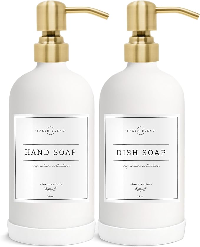 Vine Creations White Glass Soap Dispenser, 2 Pack Kitchen Soap Dispenser Set with Stainless Steel Pump, 16 oz Dish Soap and Hand Soap Dispensers for Bathroom with Waterproof Labels