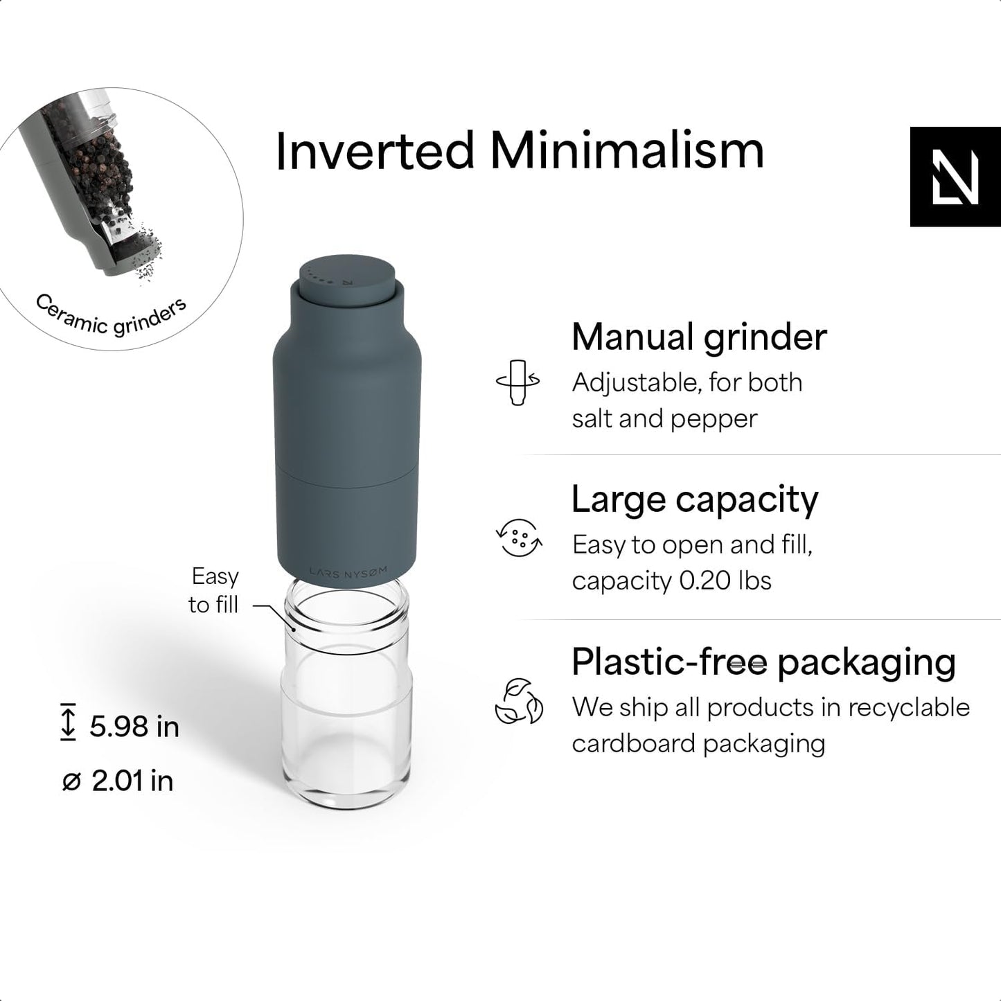 LARS NYSØM Salt and Pepper Grinder Set, Stainless Steel Manual Salt and Pepper Mills, Adjustable Ceramic Grinder, Design Spice Shakers (Blue/Gray)