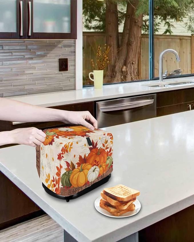 Orange Pumpkins Fall Toaster Cover 4 Slice, Thanksgiving Maple Leaf Dustproof Bakeware Oven Protector with Top Hook, Autumn Retro Waterproof Small Kitchen Appliance Toasters Dust Cover, 12"x11"x8"