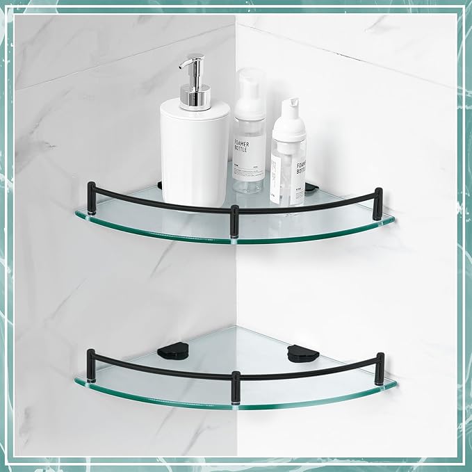 Crowye 2 Pcs Corner Shower Shelf 2-tier Glass Corner Shelf Stainless Steel Wall Mounted Bathroom Organizer for Storing Shower Gel Shampoo Brush, 9.25 Inches (Black)