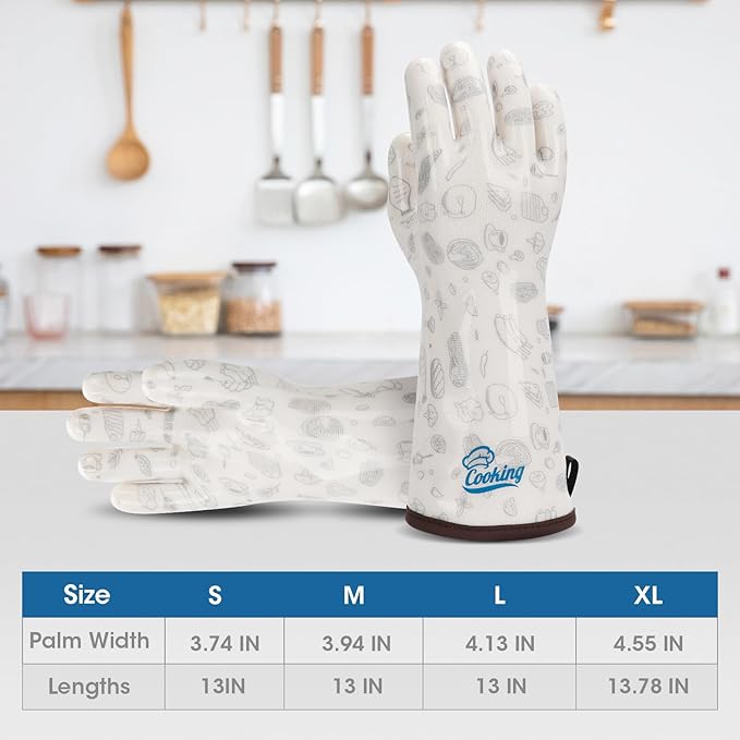 Heat Resistant Gloves Oven Hot Mitts with Fingers Silicone Oven Glove for Cooking Baking Grilling BBQ Cute Print White Large