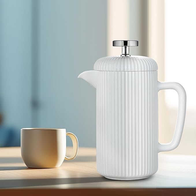Easyworkz Porcelain French Press 34 fl oz, Coffee Tea Maker with Stainless Steel Plunger 1000 ml, Ivory