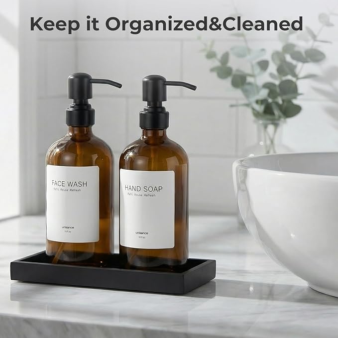 Glass Soap Dispenser Set for Kitchen, Hand and Dish Soap Dispenser with Stainless Steel Pump & Resin Tray, Rental-Modern Refillable Countertop Soap Dispenser for Kitchen Hotel,Amber