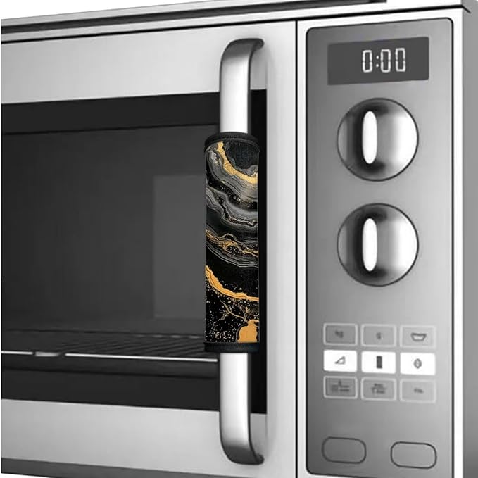 Fridge Door Handle Covers Set of 6 Waterproof Antiskid Protector Decor Handles for Refrigerator, Microwave, Dishwasher, Kitchen Cabinet, Oven, Black Gold Marble Print