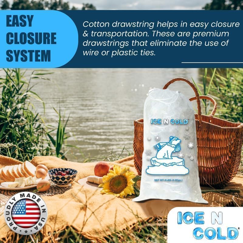 Ice Bags with Drawstring Closure | 10lb, 500ct/cs | 41 mic Thickness | Portable Storage and Freezer Keeper