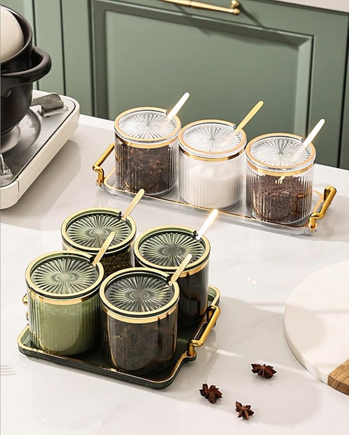 Acrylic Condiment Spice Jars,Condiment Spice Box With Lids and Spoons and Tray,Clear Plastic Sugar Salt Canisters,Seasoning Box 4 Pack,Seasoning Box Set for Kitchen to Storage Salt,Paprika,Sugar