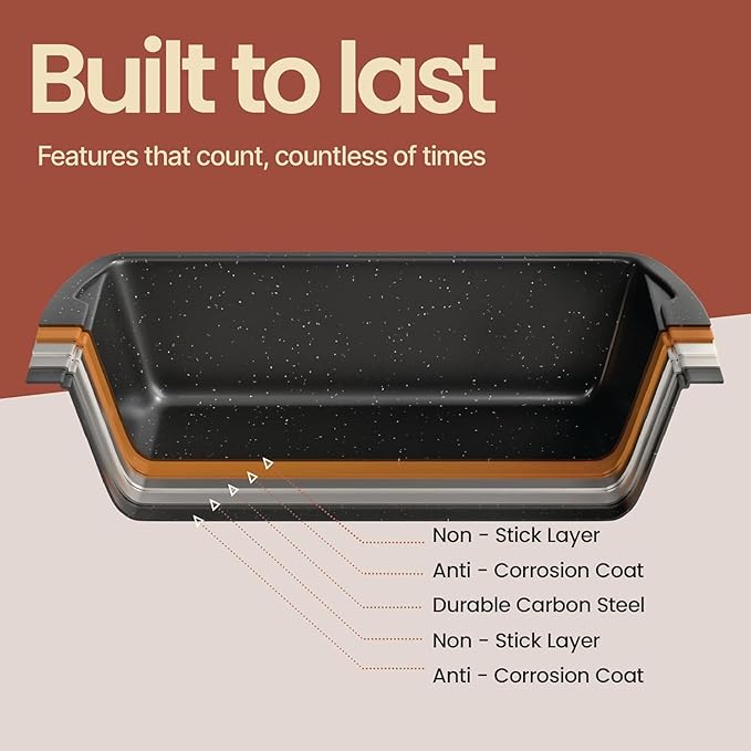Nonstick Loaf Pan Set Pack of 1, Carbon Steel 11" Large Baking Bread Pan, Oven Safe Up to 450°F, PFOA, PFOS, PTFE Free, Space Saving Stackable Design, Stain Resistant, Dishwasher Friendly, Gray Marble