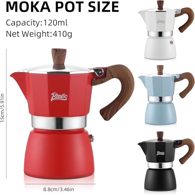 Bincoo Espresso Maker Stovetop,Camping Moka Pot 2 Cup/120ML,Stove Top Espresso Italian Coffee Maker,Easy to Use (Red)