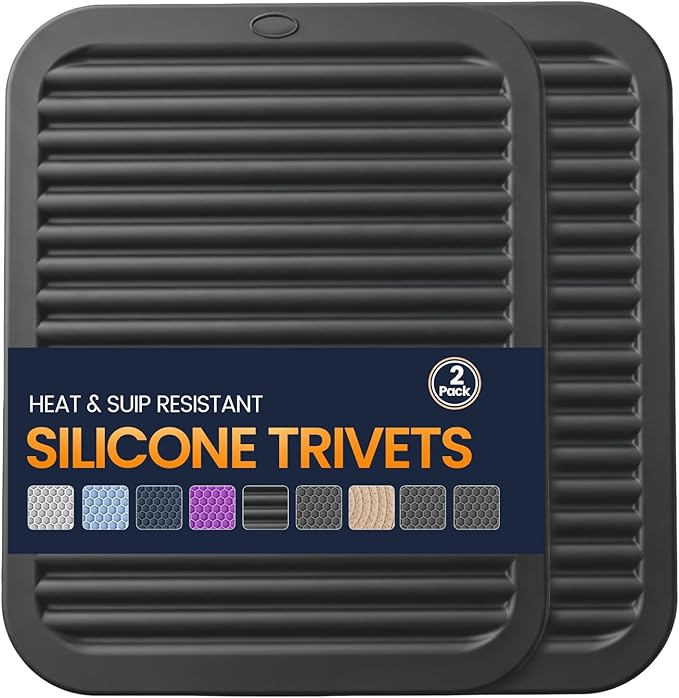 Silicone Trivet Mats 2 Heat Resistant Pot Holders Multipurpose Non-Slip Hot Pads for Kitchen Potholders, Drying mat, Jar Opener, Spoon Holder, Coaster.(Jet Black)