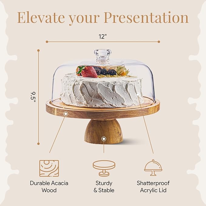 HOMESPHERE Acacia Wood Cake Stand with Lid - Cake Stand with Dome,12in Round Cake Holder, 2-in-1 Dessert Table Display Set & Charcuterie Board for Cheese, Chips & Dips, Fruit Platter, Large Acrylic Cake Dome Cover