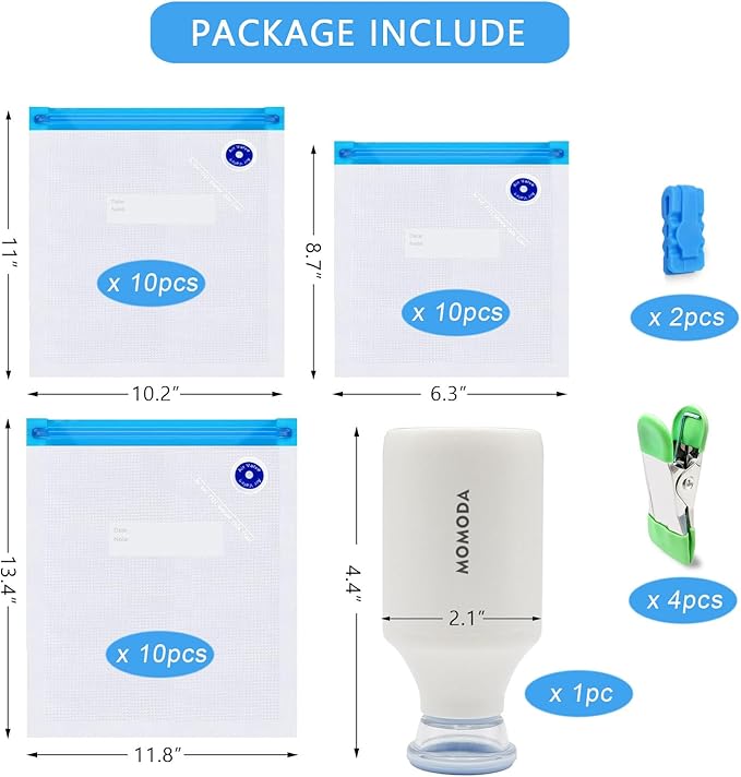 MOMODA Sous Vide Cooking Bags Bundle – 70 Reusable Vacuum Sealer Bags in 5 Sizes with Manual and Automatic Pumps, Plus Cooking Clips and Zipper Clips for Efficient Sous Vide Cooking and Food Storage