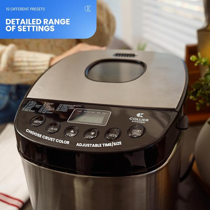 Automatic Bread Maker – Compact Home Bread Machine with 15+ Settings, Viewing Window & Adjustable Crust Control – 2lb Capacity Non-Stick Pan – Stainless Steel