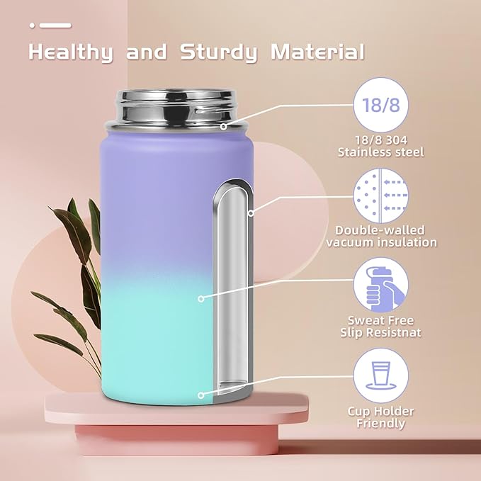 Volhoply 14oz KIds Water Bottle with Straw Lid and Silicone Boot Bulk 6 Pack,Stainless Steel Insulated Bottles for Boys & Girls Multipack,Double Wall Vacuum Leakproof Bottles(Purple Blue,6)
