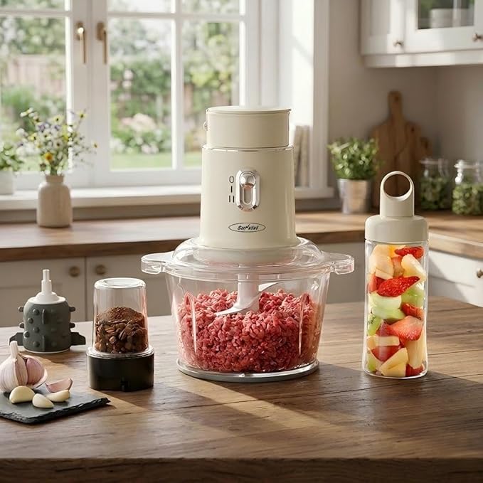 Sunvivi 4-in-1 Electric Food Chopper & Small Food Processor, Meat Grinder, Garlic Peeler & Juicer, 2-Speed Mini Food Processor with 1.5L Glass Bowl and 2 Cups (0.4L+0.2L), Beige