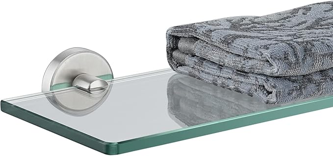 JQK Bathroom Glass Shelf, Tempered Glass Shower Storage 12 by 5 inches, 304 Stainless Steel Brushed Finish Wall Mount, TGS101L12-BN
