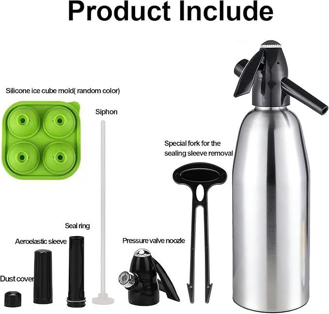 Soda Siphon,1L Soda Maker Sparkling Water Maker, Portable Soda Maker for Home & Outdoor,Aluminium Carbonated Water Machine for Cocktails DIY Sparkling Drinks,Use 8 gram CO2 Cartridges (Not Included)
