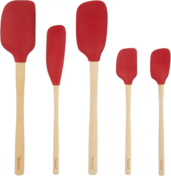 Tovolo Silicone Spatula with Wooden Handle Set of 5 Piece Silicone Kitchen Utensil Set Spoonula Jar Scraper Mini Spatula and Spoonula for Cooking Baking Mixing Folding Cayenne Red