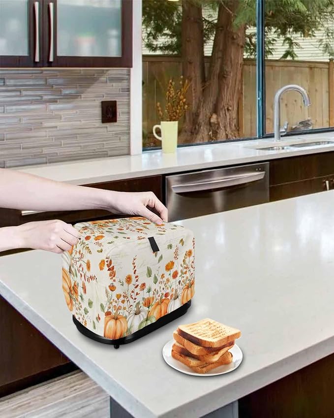 Orange White Pumpkins Fall Toaster Cover 2 Slice, Thanksgiving Botanical Leaves Dustproof Bakeware Oven Protector with Top Hook, Retro Waterproof Small Kitchen Appliance Toasters Dust Cover, 11"x6"x8"