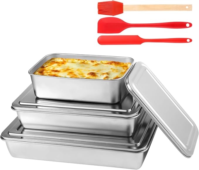 3 Pcs Stainless Steel Cake Pan with Lid, 13/11/9 Inch Cake Pans Sets for Baking, Non-Stick Bread Loaf Pans, Rectangle Baking Bakeware for Bread, Cake, Meat, Vegetables