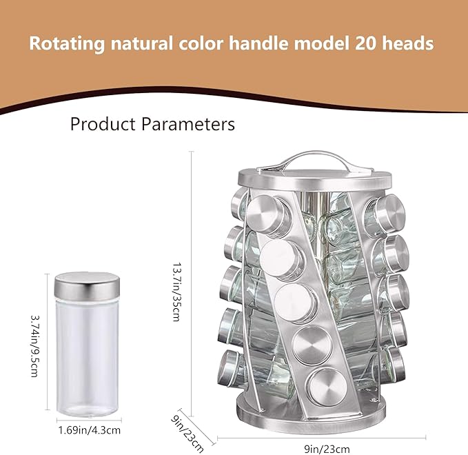 Portable Stainless Steel Spice Rack with 20 Spice Jars Included Revolving Spice Organizer for Kitchen Tower Storage Rack for Spices and Seasoning Silver