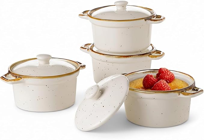 ONEMORE Ramekins with Lids, 6 oz Oven Safe Ceramic Mini Casserole Dish with Lid & Brown Rim for French Onion Soup, Speckled Mini Dutch Oven Cocotte Set of 4 for Individual Serving, Creamy White