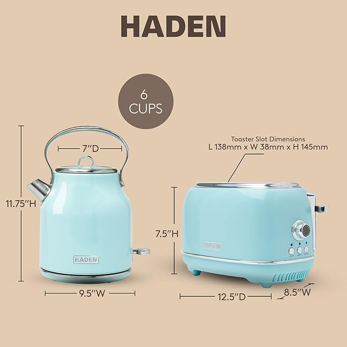 Haden Heritage 1.7 Liter Stainless Steel Electric Tea Kettle with Heritage 2 Slice Wide Slot Stainless Steel Bread Toaster, Turquoise