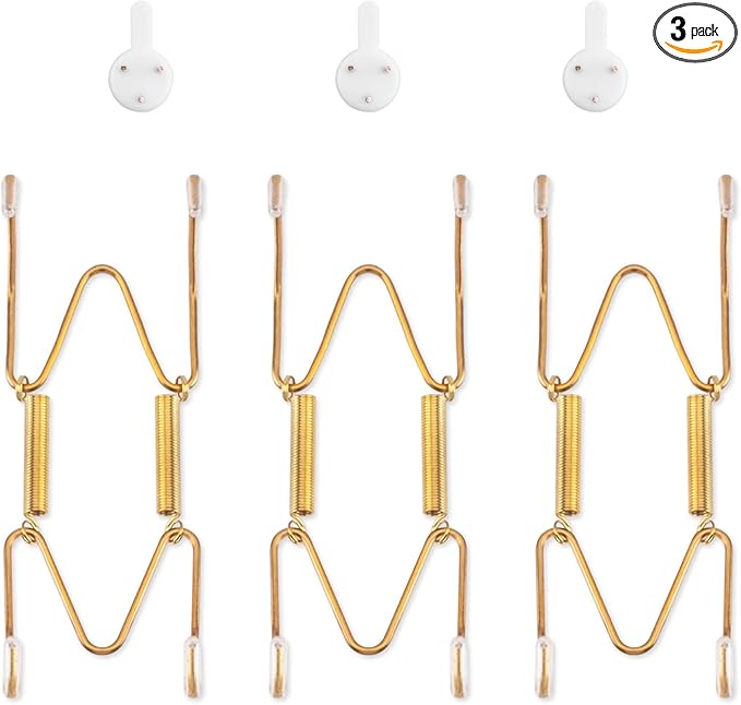 3 Pack Plate Hangers for The Wall, Suitable for 4-5 inch Art Plate, Stainless Steel Invisible Heavy Duty Wire Plate Holder with Wall Hooks, Plate Hangers for Displaying Plates, Platter, Dish, Gold