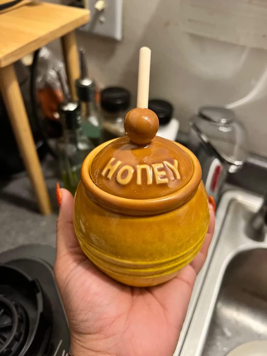 Ceramic Honey Pot with Dipper - Brown Honey Jar with Stand, Great Bee Decor - Farmhouse Kitchen Decor