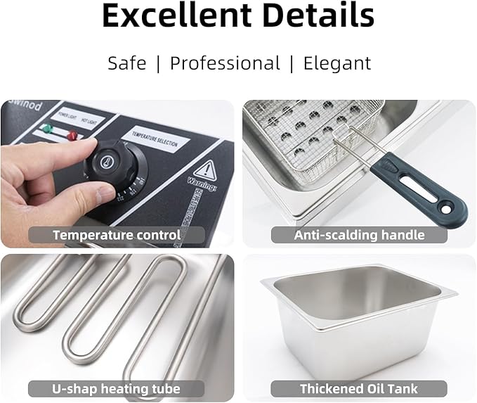 Commercial Deep Fryer with Baskets, 1700W 9.7QT/9.1L Thickened Stainless Steel Countertop Electric Oil Fryer, Large Capacity with Temperature Control (6L)
