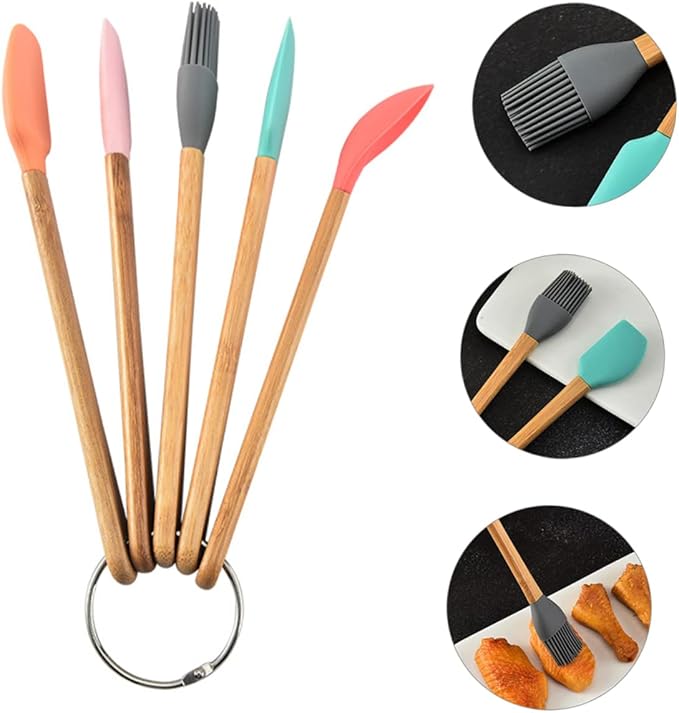 Cute Kids Baking Supplies 5pc Wood Handle Silicone Baking Tools Set for Girls Food-grade