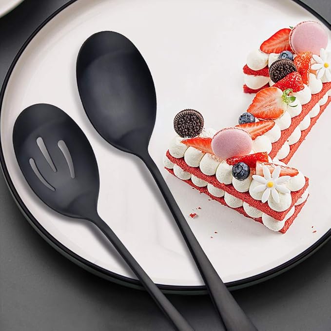 AOOSY 8.7Inch Matte Black Stainless Steel Serving Spoon Set, Serving Spoons x 3, Slotted Spoons x 3 Utility Advanced Buffet Utensils, Premium Skimmer & Perforated Design