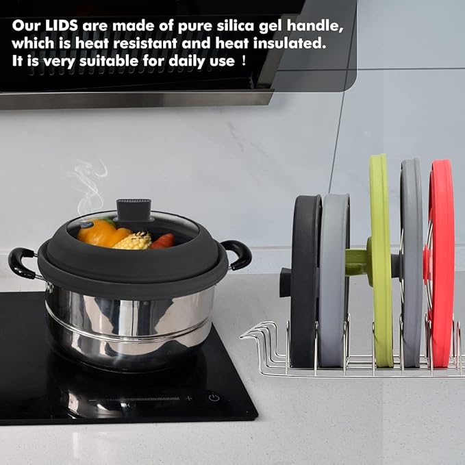Tall Microwave Splatter Cover Glass Cover Guard Lid 6 inch Height with Collapsible Silicone for Food Pot Plate 12.5 inch Black