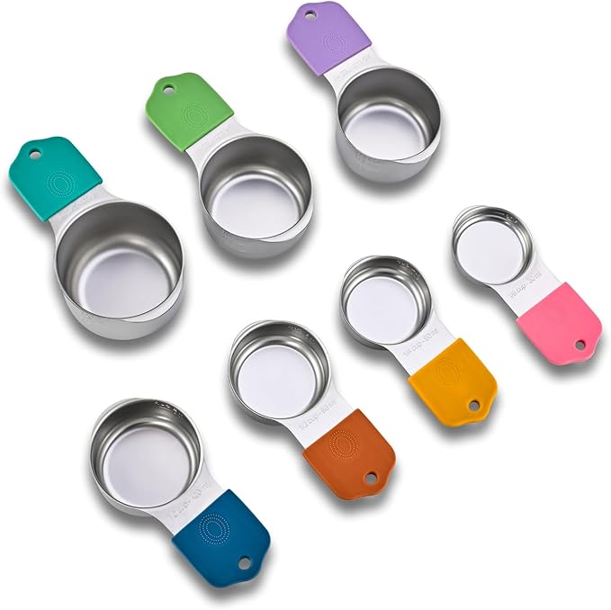 16-Piece Magnetic Measuring Cups and Spoons Set, Stainless Steel with Non-Slip Silicone Handles and Leveler, Essential Kitchen Baking Tools (Multicolor)