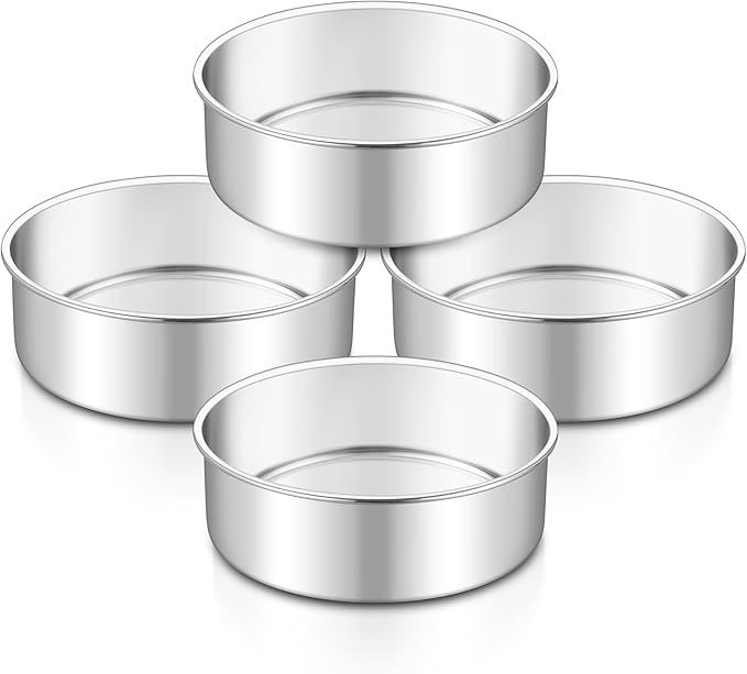 TeamFar 6 Inch Cake Pan, 4 Pcs Round Tier Cake Pans Set Stainless Steel for Baking Steaming Serving, Fit in Oven Pot Air Fryer, Healthy & Heavy Duty, Mirror Finish & Dishwasher Safe