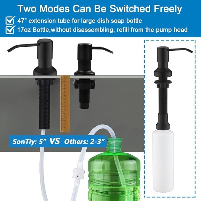 Built in Soap Dispenser for Kitchen Sink, Kitchen Soap Dispenser Stainless Steel Pump Set for Dish Soap or Lotion with 47" Extension Tube and 500ml Bottle (Black Matte)