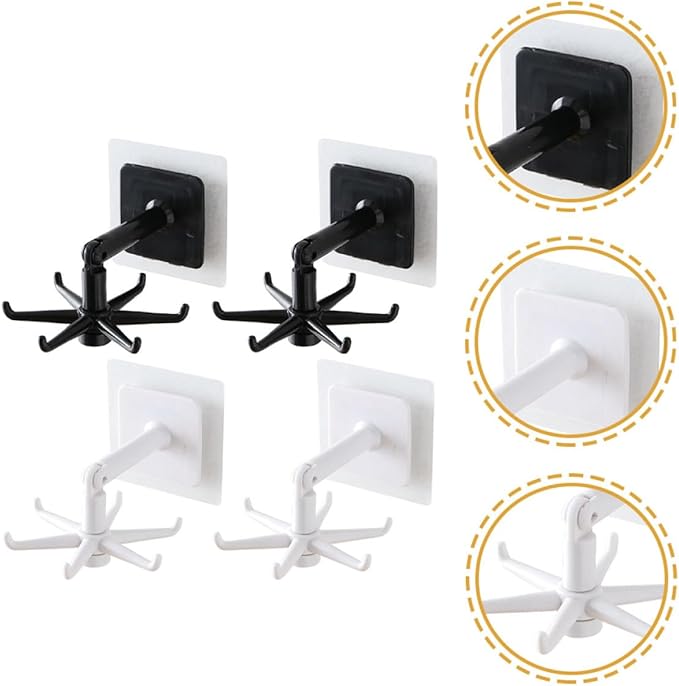 ARTIBETTER 4pcs Rotatable Kitchen Wall Hooks 360° Swivel Under Cabinet Hooks for Utensil Hanging, Black and White, Space-Saving Kitchen Storage Organizer