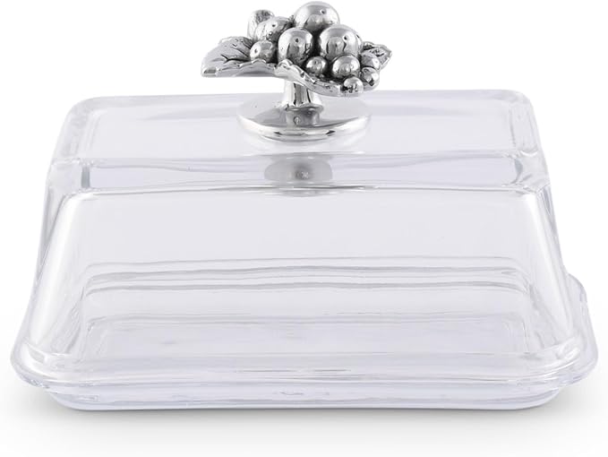 Arthur Court Glass Butter Dish with Lid Metal Grape Knob | Classic 2-Piece Design Covered Butter Keeper | Covers and Holds a Standard Stick of Butter | Classic Décor