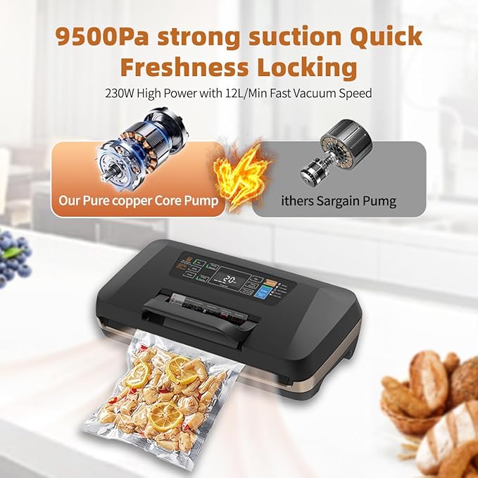 WubbaLubba 95kpa Vacuum Sealer for Food, Automatic Food Sealing Machine with Easy-Lock, Integrated Cutter & Starter Kits for Food Storage Preservation