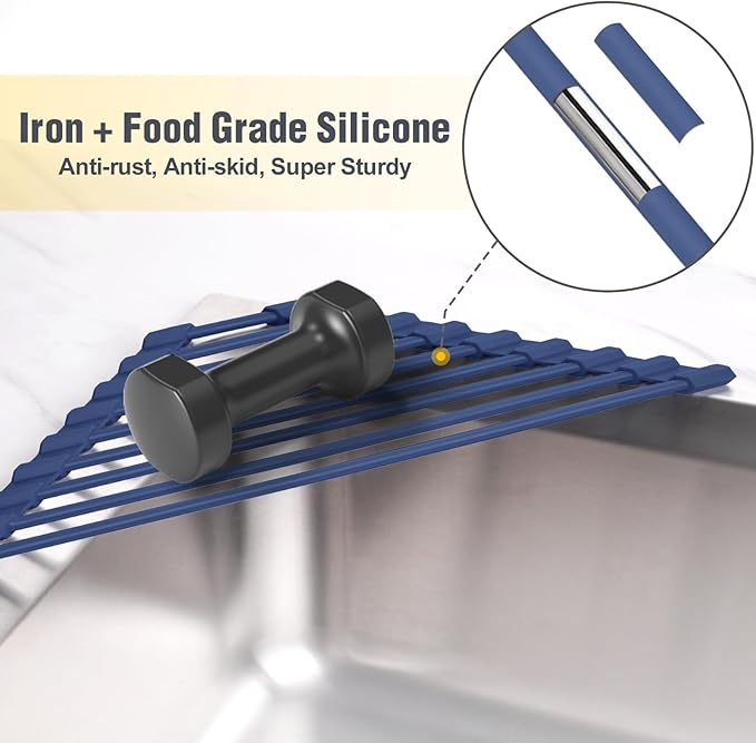 Tomorotec Compact Silicone-Coated Triangle Dish Drying Rack for Sink Corner - Foldable Stainless Steel Over-The-Sink Organizer and Storage Shelf (Dark Blue)