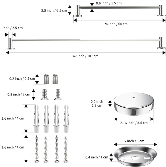 Adjustable Single Bath Towel Bar 23.6 to 42 Inch, ZUEXT Polish Chrome Finished Stainless Steel Towel Holder, Expandable Wall Mounted Towel Rail for Bathroom Kitchen Washroom,1" Tube Towel Rail Racks