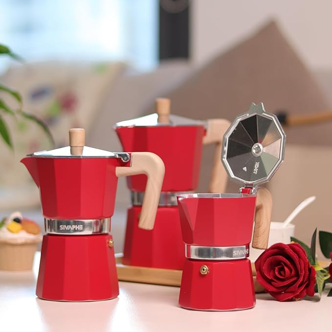 Sivaphe Aluminum Moka Pot 3 Espresso Cups, Percolator Espresso and Coffee Maker, Portable Stovetop Italian and Cuban Café Brewer for Home and Camping Red