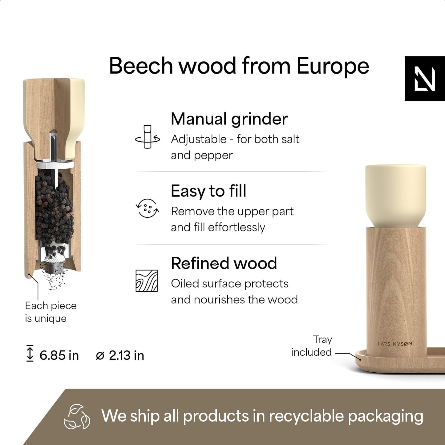 LARS NYSØM Wooden Salt and Pepper Grinder Set Manual with Tray - Salt and Pepper Mills with Adjustable Ceramic Grinder - Elegant Beechwood Pepper and Salt Mill Set for Dining Table (Almond Beige)