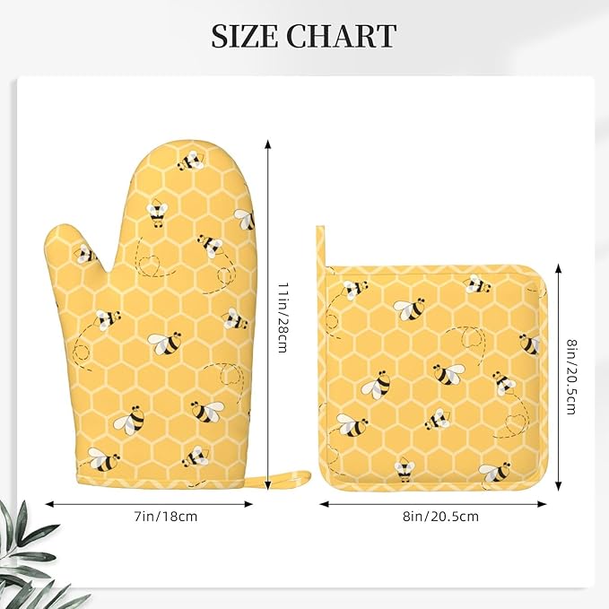 Yellow Honey Honeycomb Cute Bee Oven Mitts And Pot Holders Set Of 4 Silicone Heat Resistant Oven Mitten Potholders Non Slip Gloves Kitchen Decor For Bbq Cooking Grilling Baking