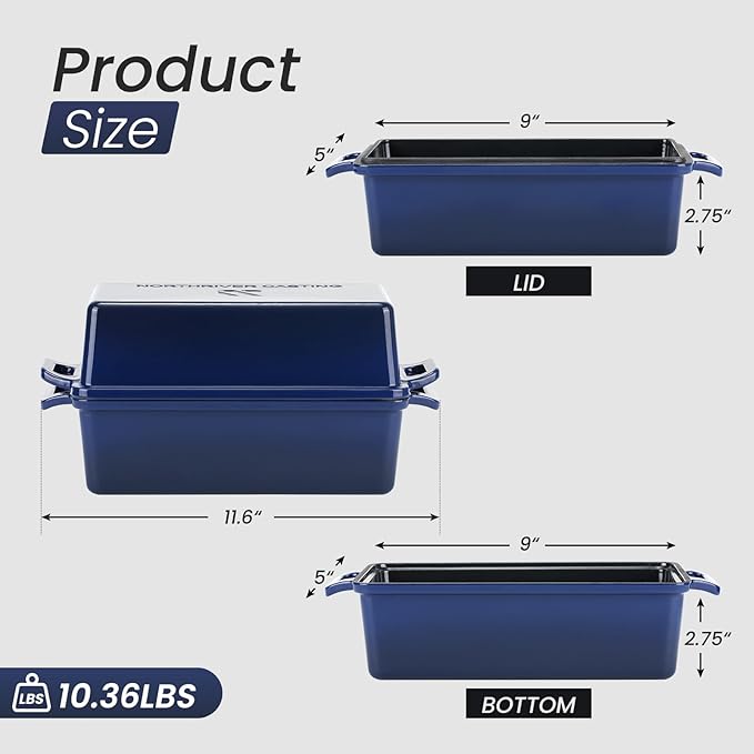 Northriver Casting 2 in 1 Enameled Cast Iron Bread Pan with Lid, Perfect Bread Oven, Loaf Pans for Baking Homemade Sourdough Bread 9x5, 2 Piece set, Navy Blue